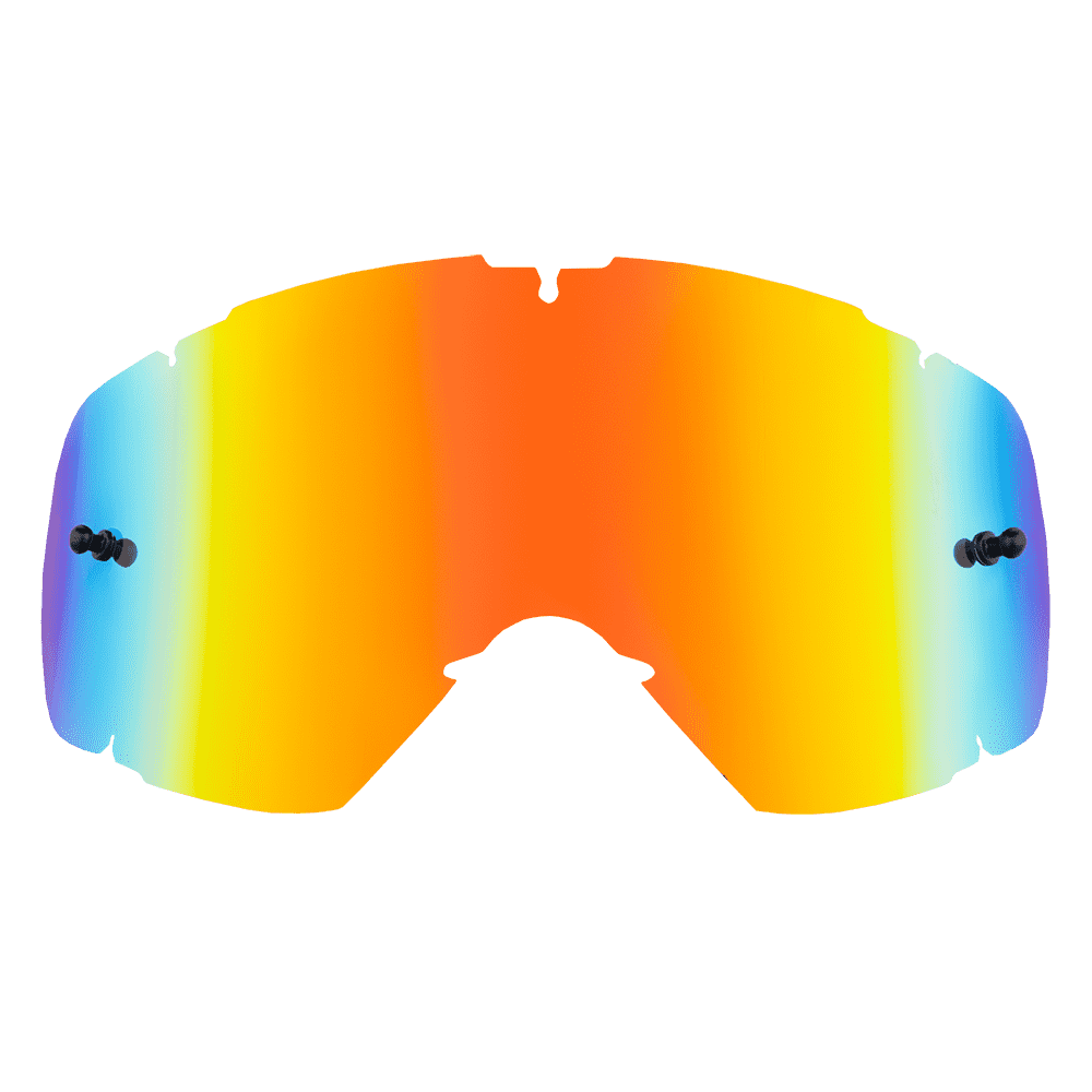 Die O'NEAL B-30 Youth Goggle Spare Lens hat eine verspiegelte Oberfläche mit einem leuchtenden orange-gelben Farbverlauf in der Mitte, der an den Rändern in Blau übergeht, und verfügt über seitliche Befestigungspunkte sowie einen Nasenausschnitt für eine einfache Montage.