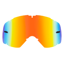 Die O'NEAL B-30 Youth Goggle Spare Lens hat eine verspiegelte Oberfläche mit einem leuchtenden orange-gelben Farbverlauf in der Mitte, der an den Rändern in Blau übergeht, und verfügt über seitliche Befestigungspunkte sowie einen Nasenausschnitt für eine einfache Montage.