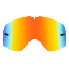 Die O'NEAL B-30 Youth Goggle Spare Lens hat eine verspiegelte Oberfläche mit einem leuchtenden orange-gelben Farbverlauf in der Mitte, der an den Rändern in Blau übergeht, und verfügt über seitliche Befestigungspunkte sowie einen Nasenausschnitt für eine einfache Montage.