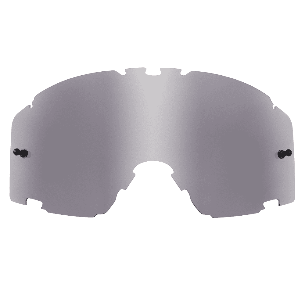 Die O'NEAL B-30 Goggle - Spare Lens ist eine einzelne gebogene, reflektierende Scheibe mit hellgrauer Tönung und mehreren Randausschnitten zur Befestigung, die für O'NEAL-Sportsonnenbrillen entwickelt wurde. Abgebildet vor einem transparenten Hintergrund.