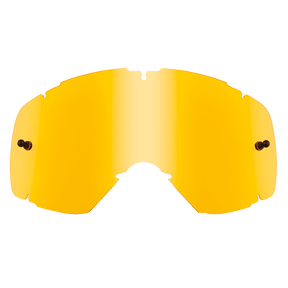 Die O'NEAL B-30 Youth Goggle - Spare Lens ist eine gelb getönte Ersatzscheibe mit gebogenem Design, Aussparungen und seitlichen Befestigungspunkten, die für O'NEAL-Sportbrillen hergestellt wird.
