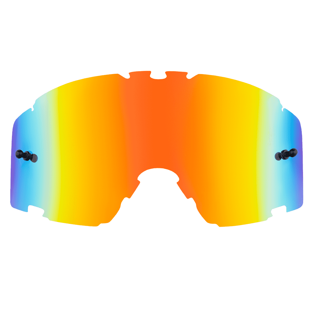 Die O'NEAL B-30 Goggle Spare Lens von O'NEAL verfügt über ein farbenfrohes, versiegeltes Glas mit einem Farbverlauf in Orange-, Gelb- und Blautönen, gewölbte Kanten und beidseitige Befestigungspunkte für Sport-Sonnenbrillen.