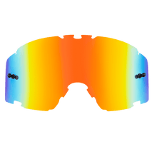 Die O'NEAL B-30 Goggle Spare Lens von O'NEAL verfügt über ein farbenfrohes, versiegeltes Glas mit einem Farbverlauf in Orange-, Gelb- und Blautönen, gewölbte Kanten und beidseitige Befestigungspunkte für Sport-Sonnenbrillen.
