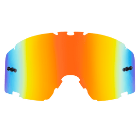 Die O'NEAL B-30 Goggle Spare Lens von O'NEAL verfügt über ein farbenfrohes, versiegeltes Glas mit einem Farbverlauf in Orange-, Gelb- und Blautönen, gewölbte Kanten und beidseitige Befestigungspunkte für Sport-Sonnenbrillen.