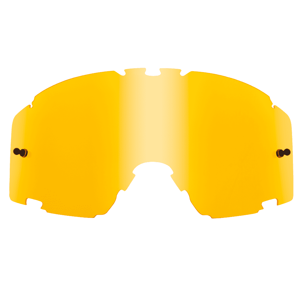O'NEAL B-30 Goggle Ersatzglas: gelb getöntes, gewölbtes Ersatzglas mit Befestigungsausschnitten für Sport- oder Fahrradsonnenbrillen, abgebildet auf transparentem Hintergrund.