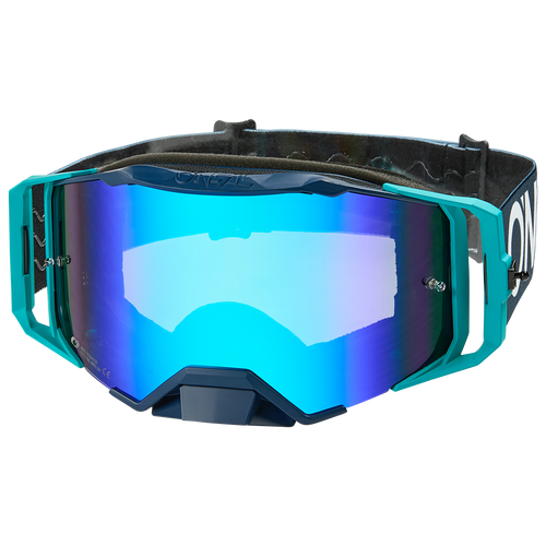 O'NEAL B-33 Goggle HEXA di O'NEAL con montatura blu e blu-verde, lenti a specchio e cinturino nero regolabile.