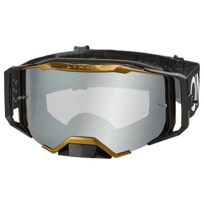 The O'NEAL B-33 Goggles HEXA are black and gold motocross goggles with reflective lenses and an adjustable strap on a white background.
