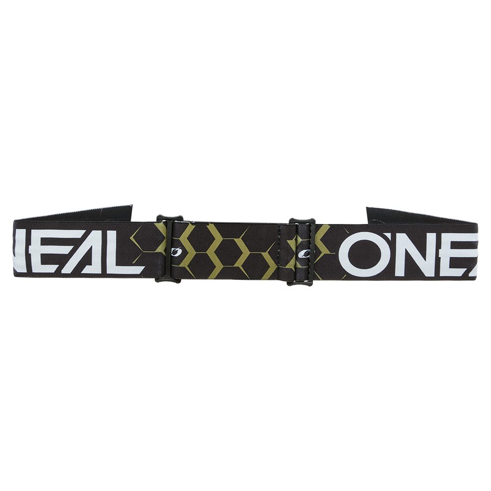Die O'NEAL B-33 Goggle HEXA verfügt über ein schwarzes und olivgrünes elastisches Band mit einem zentralen Wabenmuster und einem auffälligen weißen "O'NEAL"-Branding auf beiden Seiten.