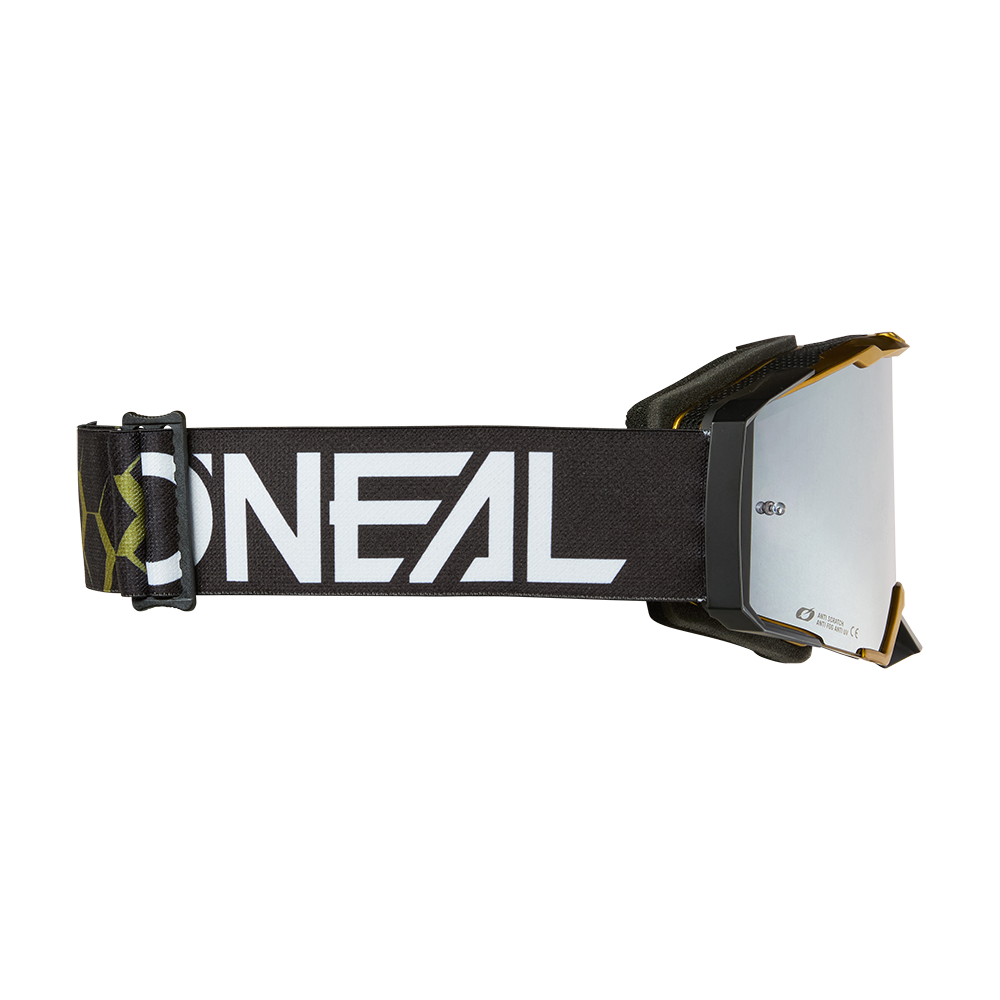 O'NEAL B-33 Goggle HEXA: Schwarz-weiße Motocross-Brille mit reflektierenden Gläsern und verstellbarem Riemen, mit auffälligem weißen O'NEAL-Branding.