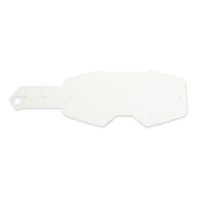 Ein weißer, unregelmäßig geformter O'NEAL B-55 Goggle Tear Off mit einer rechteckigen Lasche und einem kreisförmigen Loch auf der linken Seite ist vor einem schlichten hellen Hintergrund abgebildet.