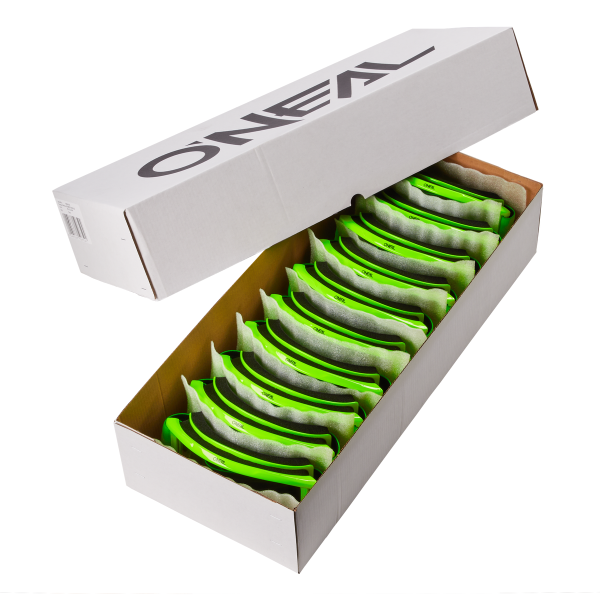 In einer teilweise geöffneten weißen O'NEAL-Schachtel befinden sich 10 neongrüne O'NEAL B-ZERO Goggles, die durch Schaumstoffeinlagen voneinander getrennt sind.