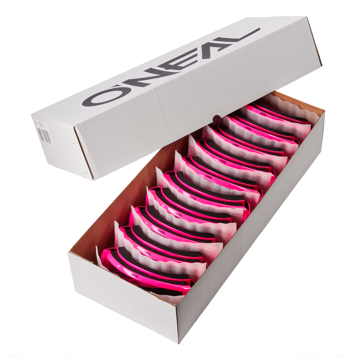 Eine teilweise geöffnete weiße O'NEAL-Schachtel enthüllt mehrere O'NEAL B-ZERO Goggles 10 Stück in Pink und Schwarz, die in einzelnen Fächern geordnet sind.