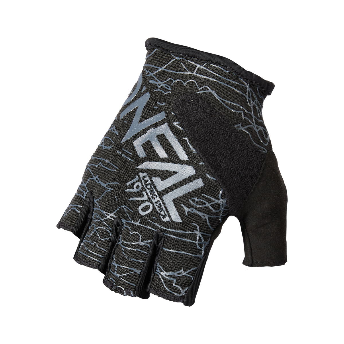 The O'NEAL DROP fingerless glove is a black glove decorated with abstract patterns in blue and white and features the eye-catching "O'NEAL" branding in the center. It is equipped with padding for extra comfort and has a Velcro fastener to secure it to the wrist.