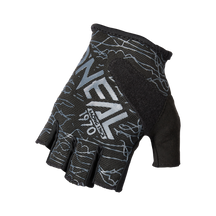 The O'NEAL DROP fingerless glove is a black glove decorated with abstract patterns in blue and white and features the eye-catching "O'NEAL" branding in the center. It is equipped with padding for extra comfort and has a Velcro fastener to secure it to the wrist.