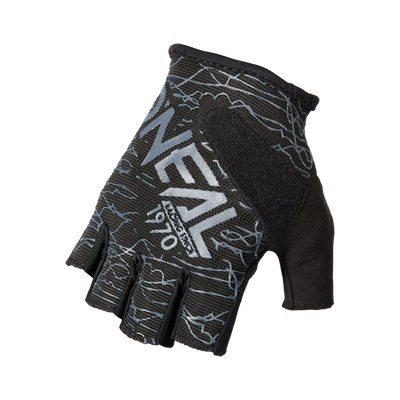 The O'NEAL DROP fingerless glove is a black glove decorated with abstract patterns in blue and white and features the eye-catching "O'NEAL" branding in the center. It is equipped with padding for extra comfort and has a Velcro fastener to secure it to the wrist.