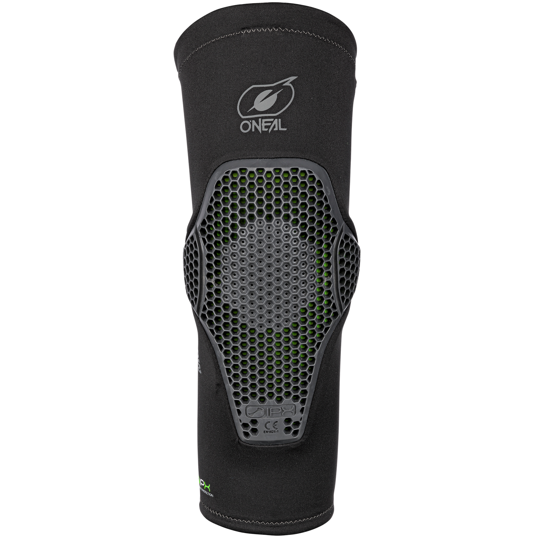 Der O'NEAL FLOW Knieschützer verfügt über eine sechseckige Schutzschale, grüne Mesh-Akzente und das O'NEAL-Logo - ideal für anspruchsvolle Actionsportaktivitäten.