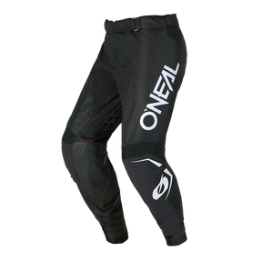Los pantalones O'NEAL Hardwear ELITE son unos pantalones de motocross negros con la marca O'NEAL en blanco, equipados con inserciones reforzadas y almohadillas protectoras en las rodillas y los muslos, y diseñados para su uso fuera de la carretera o en motocross.