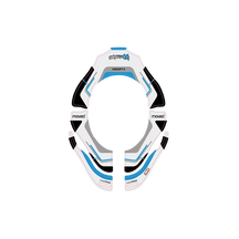 Draufsicht auf einen MOVEO Sticker Kits CONCEPT Visieraufkleber in Weiß, Blau und Schwarz mit MOVEO-Logos, der um die Augenöffnung eines Helms passt.