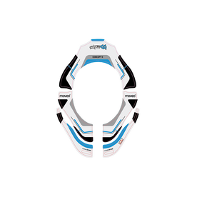 Vista superior de un adhesivo de visera Moveo Sticker Kits CONCEPT en blanco, azul y negro con logotipos de Moveo que se ajusta alrededor de la abertura ocular de un casco.