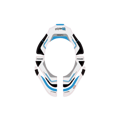 Draufsicht auf einen MOVEO Sticker Kits CONCEPT Visieraufkleber in Weiß, Blau und Schwarz mit MOVEO-Logos, der um die Augenöffnung eines Helms passt.