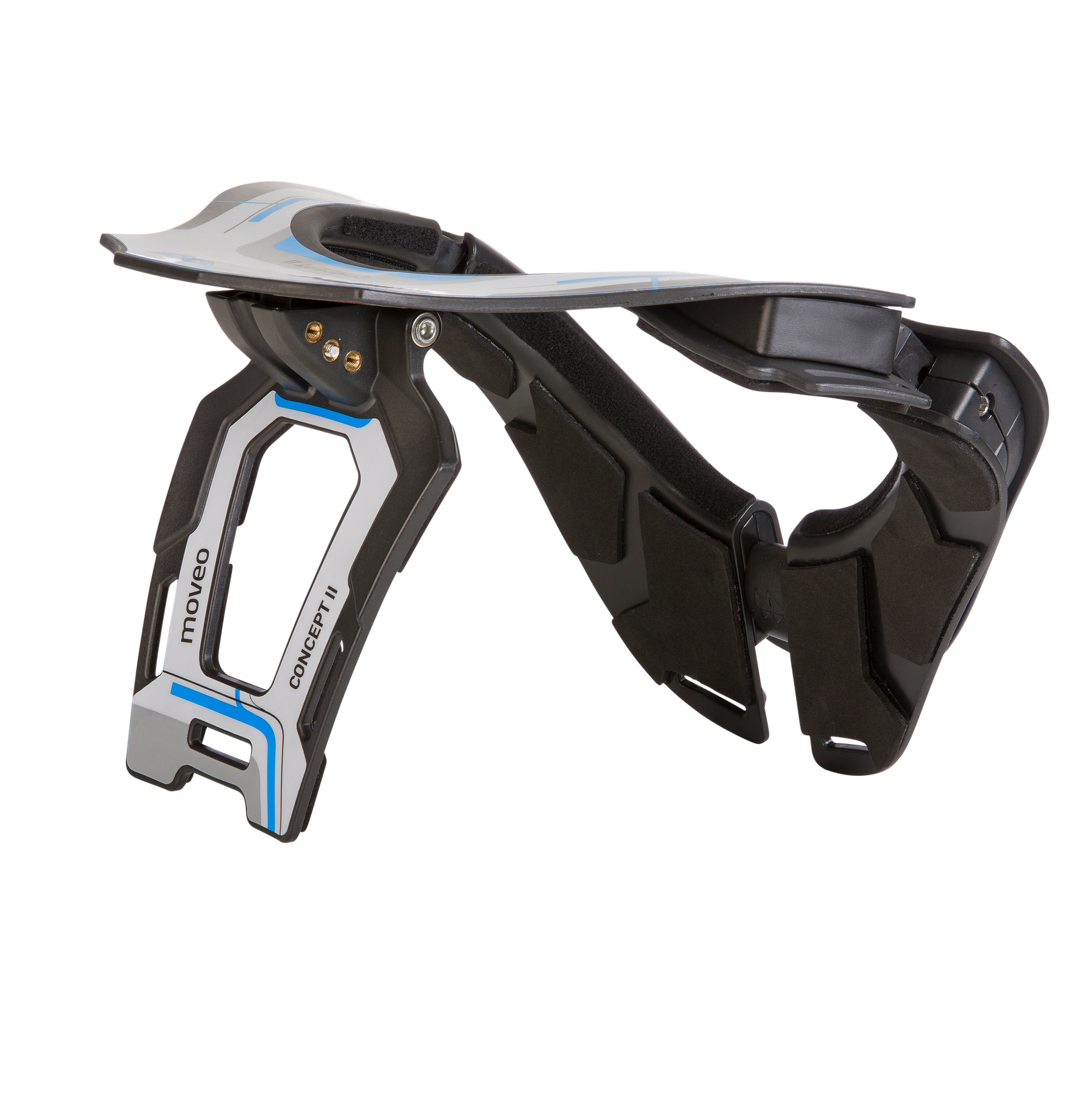 Das MOVEO Nackenschutz CONCEPT von MOVEO, eine schwarz-weiße Nackenstütze mit blauen Akzenten zur Verletzungsprophylaxe im Motorsport, ist auf einem schlichten weißen Hintergrund abgebildet.