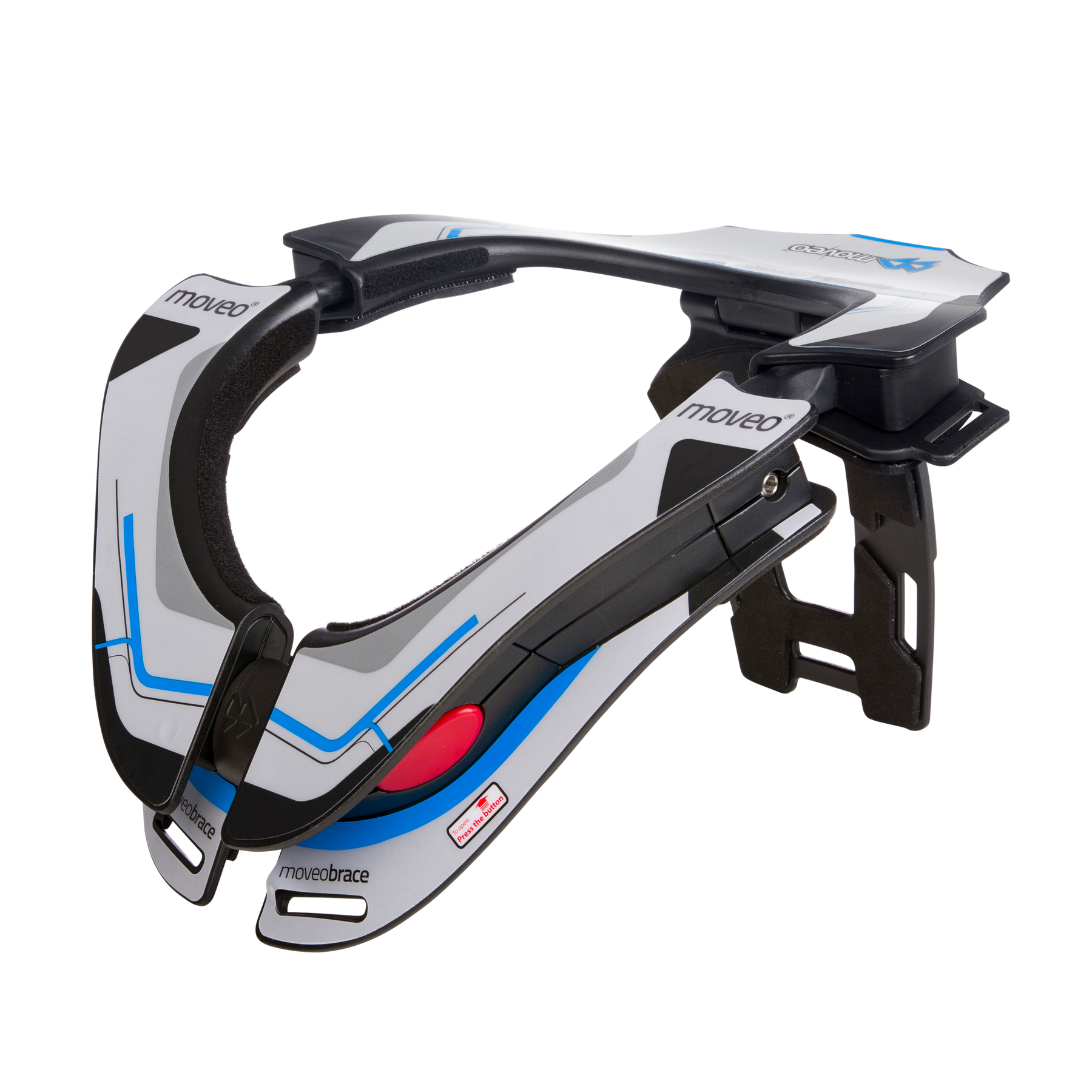 Der MOVEO Nackenschutz CONCEPT von MOVEO in grau, schwarz und blau mit verstellbaren Teilen zeichnet sich durch eine moderne, kantige Linienführung für den Nackenschutz im Motorsport aus. Der Markenname ist gut sichtbar auf weißem Hintergrund angebracht.