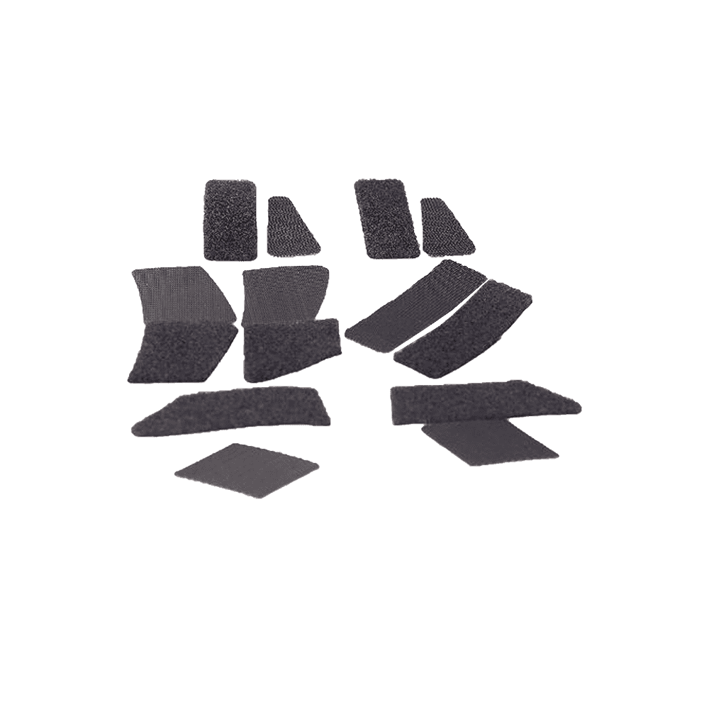 Das MOVEO Klettverschluss-Set von MOVEO besteht aus schwarzen Klettstreifen und Pads in verschiedenen Formen und Größen, die auf einem schlichten weißen Hintergrund abgebildet sind.