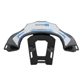 Un reposacabezas de respaldo Moveo negro y gris con detalles en azul y blanco, etiquetado como "4MoveG" y "CONCEPT II", desarrollado por Moveo para la seguridad en los deportes de motor.