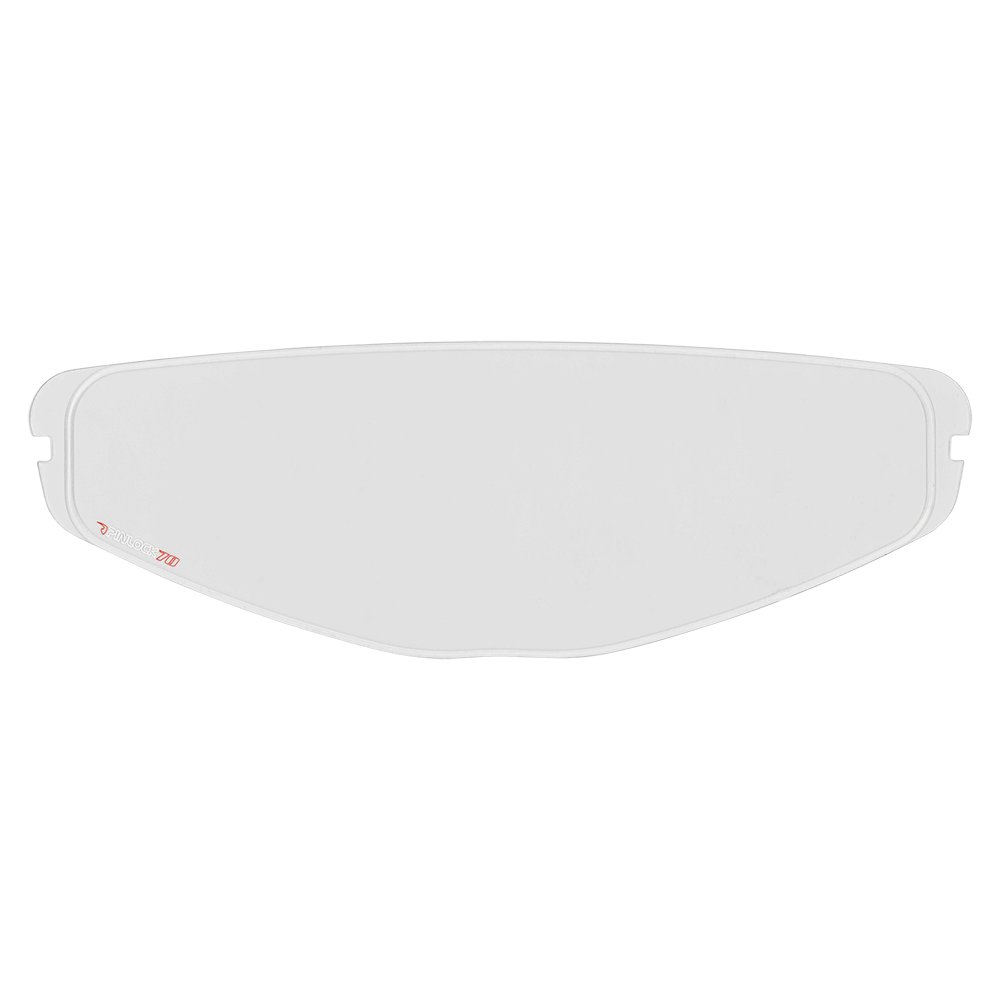 El inserto para casco O'NEAL Pinlock 70 MaxVision Visor D-SRS es un visor de plástico transparente y curvado con pequeñas muescas en ambos extremos y un discreto logotipo y texto O'NEAL en rojo en el lado izquierdo.