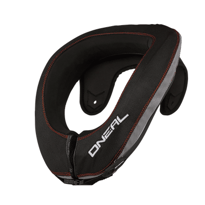 A black O'NEAL NX2 neck protector with red stitching and a white O'NEAL logo, designed for motocross or dirt bike riders as neck protection, insulated on a transparent background.