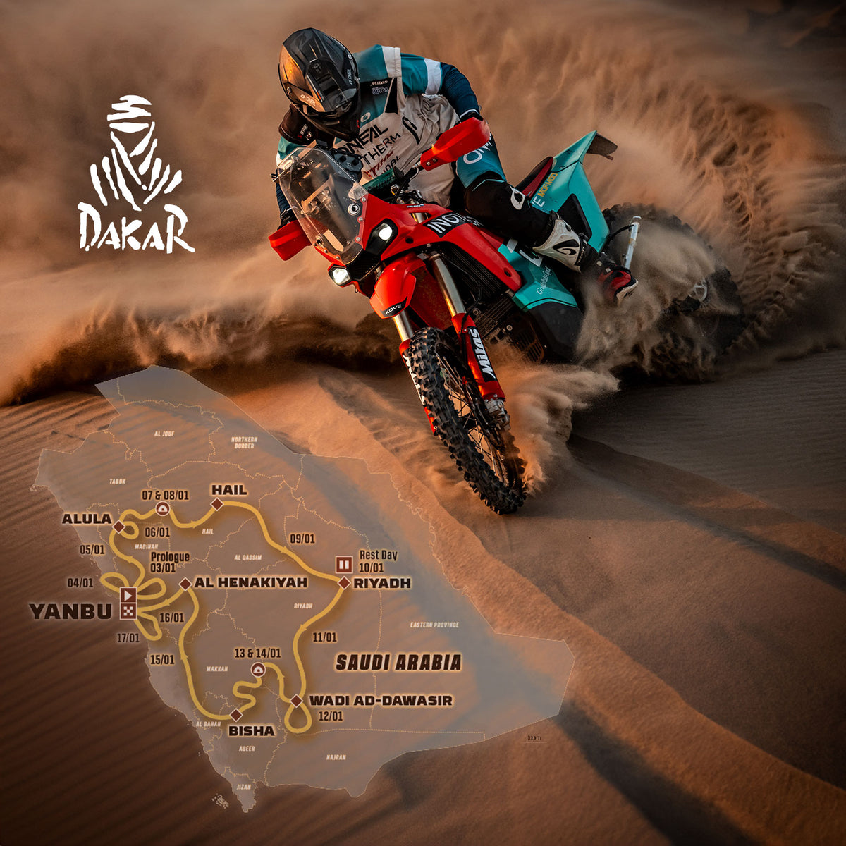 Ein Motorradfahrer fährt durch Wüstensand, darüber das Dakar-Logo. Unten zeigt eine Karte von Saudi-Arabien die Route der Rallye Dakar mit eingezeichneten Etappen und Städten.