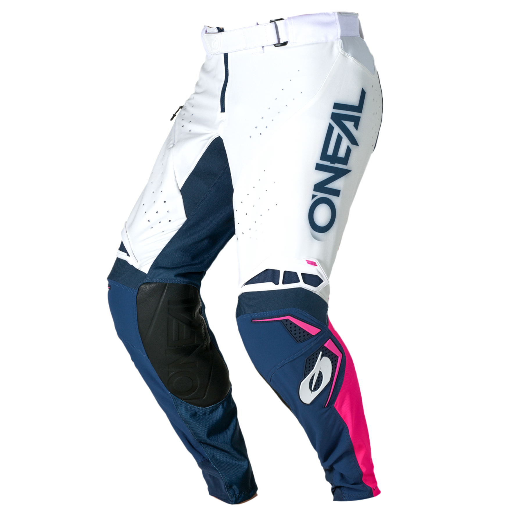 Ein Paar O'NEAL PRODIGY Hose FIVE FIVE FADE Motocross-Hosen in Weiß, Marineblau und Pink mit schwarzen Knieeinsätzen und "O'NEAL"-Branding vertikal auf dem linken Oberschenkel.