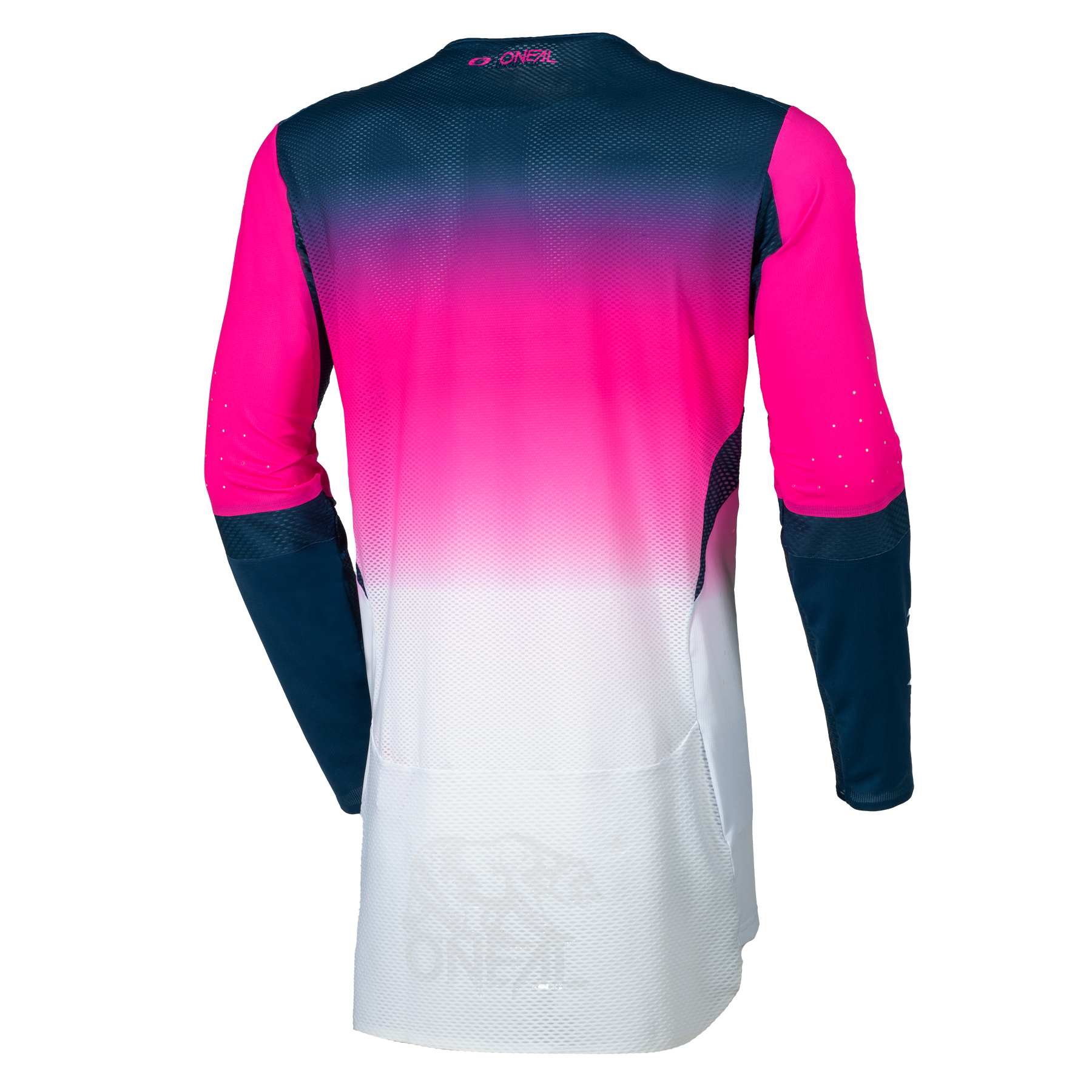 Das von hinten gezeigte O'NEAL PRODIGY Jersey FIVE FIVE FADE ist ein langärmeliges Sporttrikot mit rosafarbenen Schultern, die in dunkelblau und weiß übergehen, Netzgewebe und dezenten O'NEAL-Logodetails.