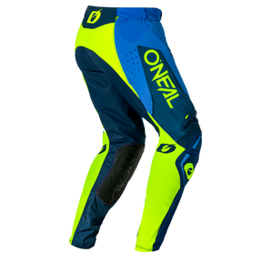 The O'NEAL PRODIGY FIVE FIVE RACE motocross pants in blue and neon yellow feature reinforced knee areas, mesh ventilation inserts and eye-catching "O'NEAL" branding.