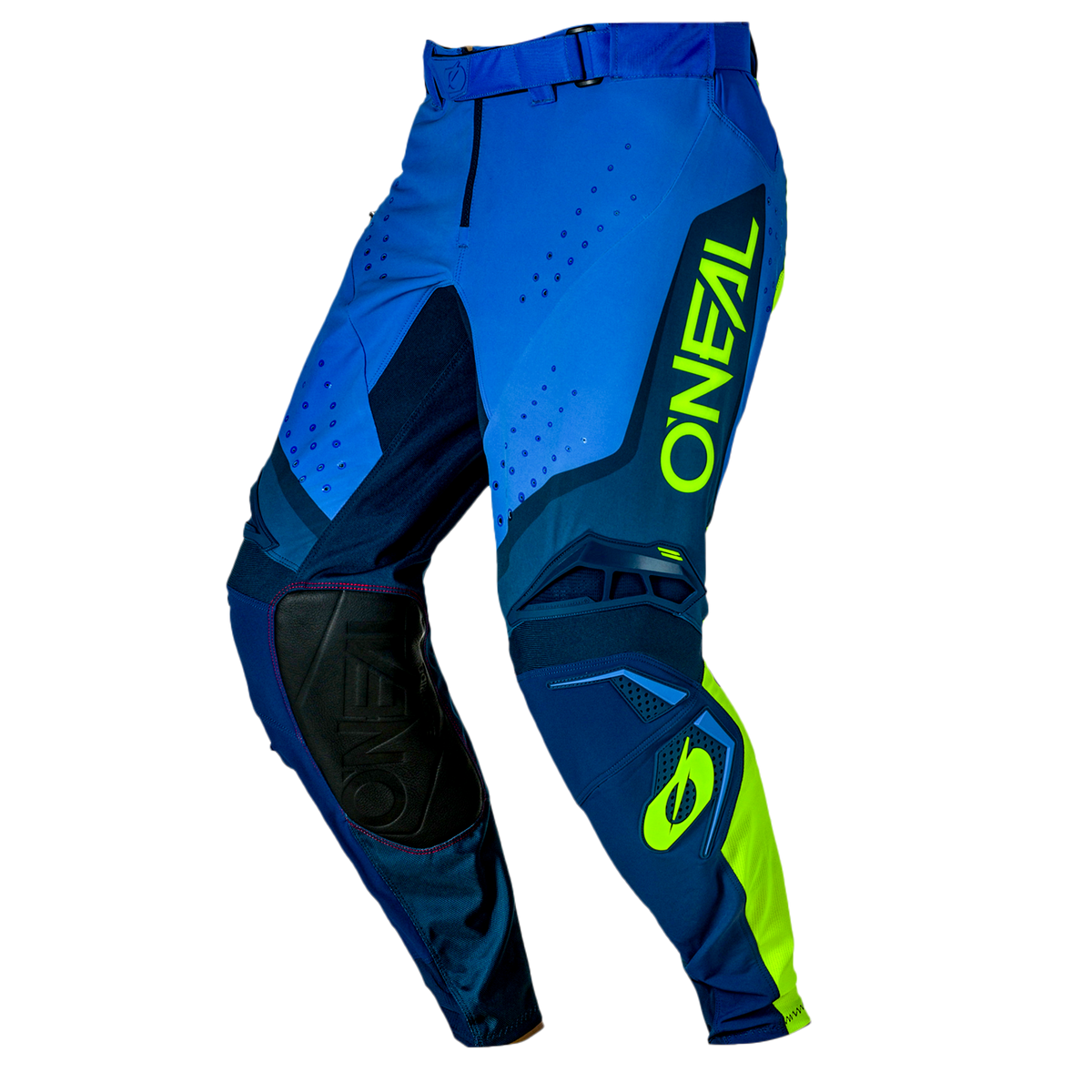 Die O'NEAL PRODIGY Hose FIVE FIVE RACE Motocross-Hose zeichnet sich durch blaue und neongelbe Farben, schwarze Knieaufnäher, einen auffälligen gelben "O'NEAL"-Schriftzug auf dem linken Oberschenkel und geometrische Muster aus.