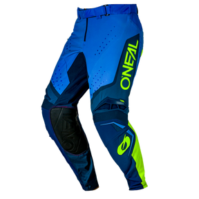 Los pantalones de motocross O'NEAL Prodigy FIVE FIVE RACE presentan colores azul y amarillo neón, parches negros en las rodillas, una llamativa inscripción "O'NEAL" amarilla en el muslo izquierdo y motivos geométricos.