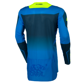 The back view shows the O'NEAL PRODIGY Jersey FIVE FIVE RACE: a long-sleeved, blue-green motocross jersey with yellow accents, mesh ventilation inserts and a bear graphic as well as "O'Neal" lettering on the lower back.