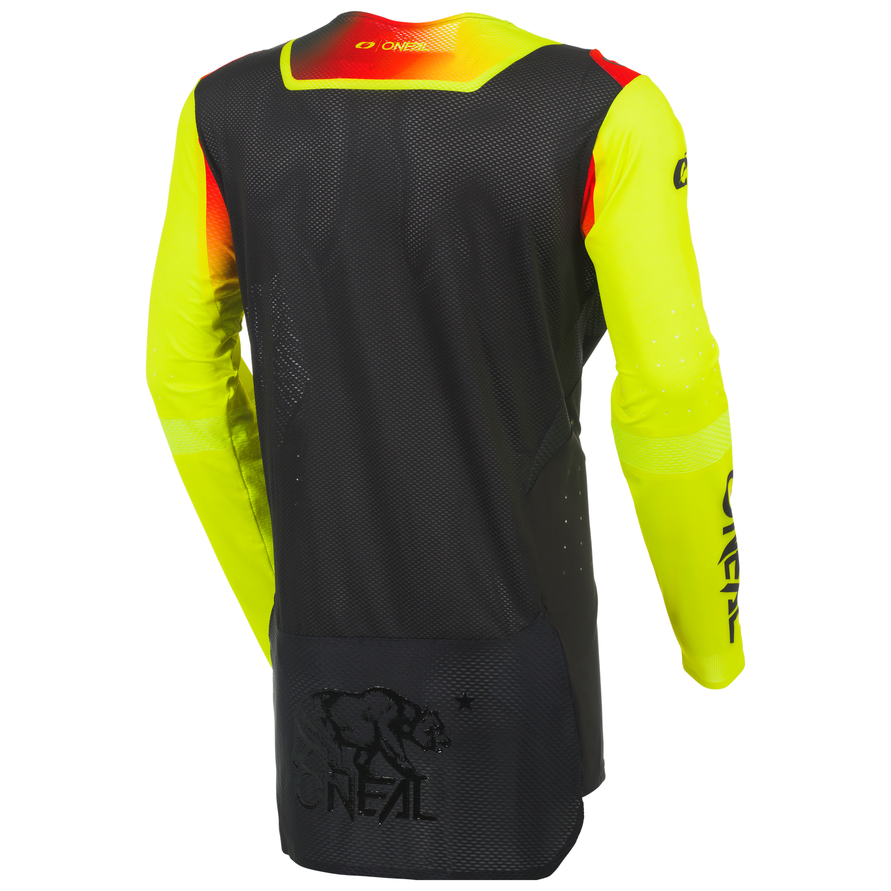 Das O'NEAL PRODIGY FIVE SIX Trikot von O'NEAL Europe hat leuchtend gelbe lange Ärmel, rot-orangefarbene Schulterakzente, eine schwarze Rückseite mit dem O'Neal-Logo und einer Bärengrafik und ist aus atmungsaktivem Material für hohen Tragekomfort.