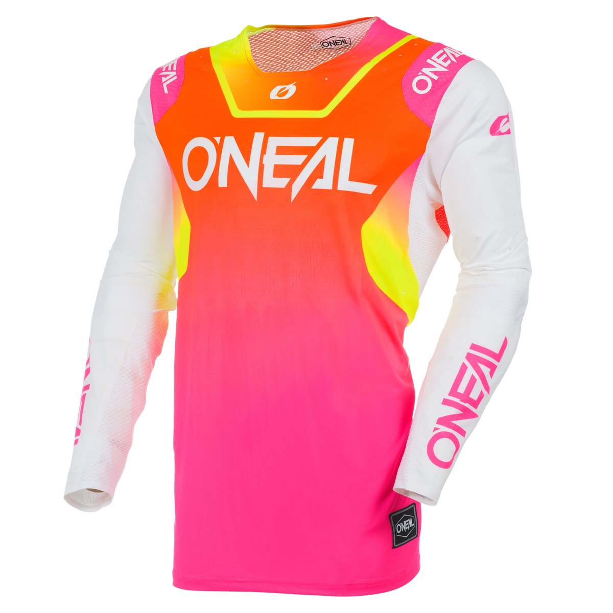 El maillot O'NEAL Europe Prodigy FIVE SIX es un maillot de motocross de manga larga en color blanco/neón, con el logotipo en el pecho y en la manga. Fabricado con material transpirable para mayor comodidad.