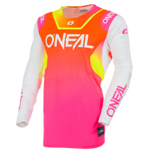 The O'NEAL Europe PRODIGY Jersey FIVE SIX is a long-sleeved white/neon cycling jersey made from Pro-Lite performance materials with the "O'NEAL" logo on the chest, sleeves and tag - ideal as an eye-catching cycling jersey.