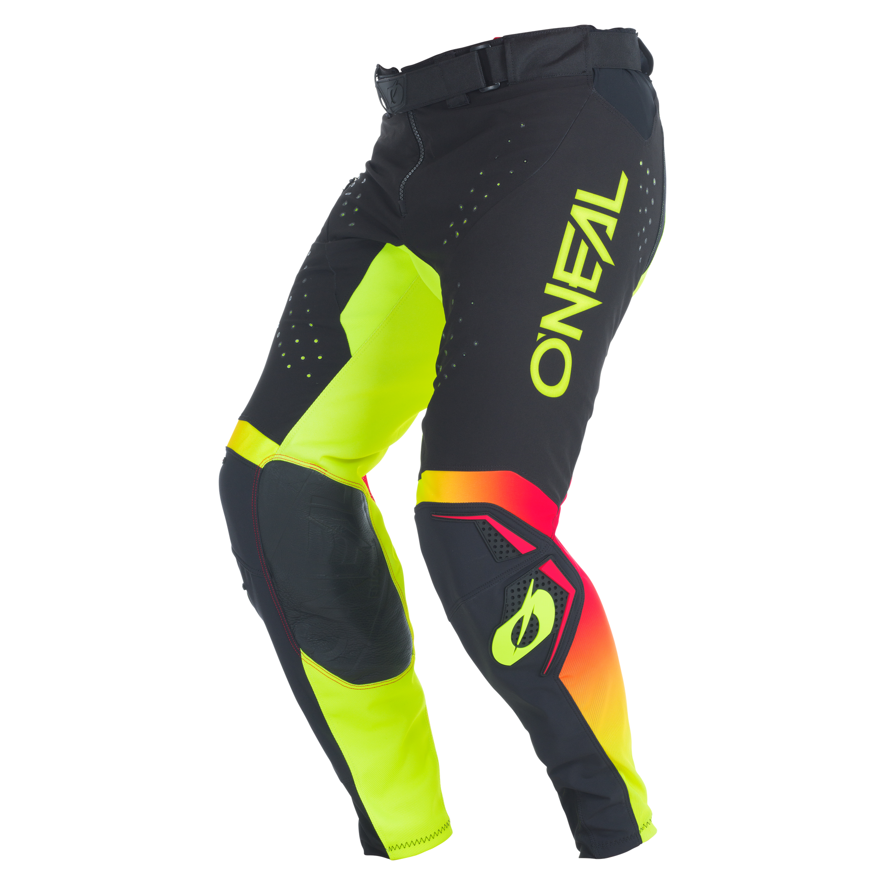 O'NEAL Europe PRODIGY Pants FIVE SIX in Schwarz/Neongelb, mit verstärkten Kniepartien und einem auffälligen Logo auf dem linken Oberschenkel, das vom Motocross-Design inspiriert ist und auf weißem Hintergrund gezeigt wird.
