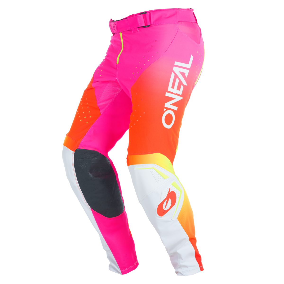 The O'NEAL PRODIGY Pants FIVE SIX by O'NEAL Europe in white/neon feature the brand logo, reinforced knees and eye-catching accents - ideal for any motocross rider's collection.