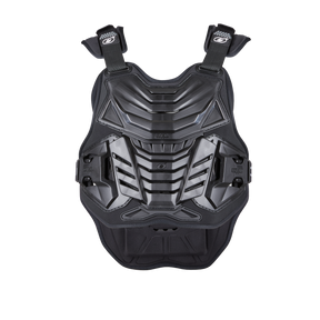 The O'NEAL PROGRESSION chest protector LITE in black and gray has adjustable shoulder straps for comfortable wear and offers optimal protection for the upper body when motocross or off-road biking. Shown on a plain white background.