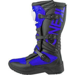 Lo stivale O'NEAL RSX è uno stivale da motocross nero con accenti blu, fibbie multi-regolabili, zone di protezione rinforzate e la parola "O'NEAL" stampata a grandi lettere blu sul lato.