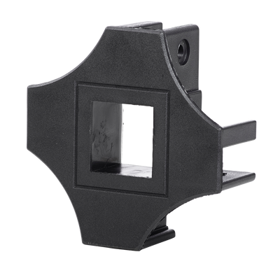 The O'NEAL RACE TENT Centre Top Connector from O'NEAL is a black, cross-shaped plastic adapter with a square central opening and two horizontal prongs on one side.
