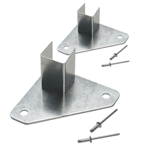 The O'NEAL RACE TENT Foot base by O'NEAL consists of two triangular metal brackets with upturned edges, each with two holes and four rivets, all on a black background.