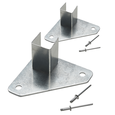 The O'NEAL RACE TENT Foot base by O'NEAL consists of two triangular metal brackets with upturned edges, each with two holes and four rivets, all on a black background.