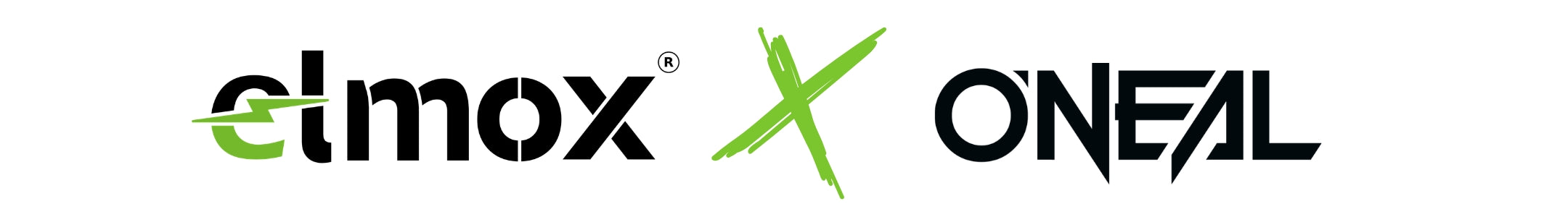 Die Logos von "elmox" in Schwarz und Grün und "ONEAL" in Schwarz, getrennt durch ein großes grünes "X" in der Mitte, deuten auf eine Zusammenarbeit oder Partnerschaft zwischen den beiden Marken hin.