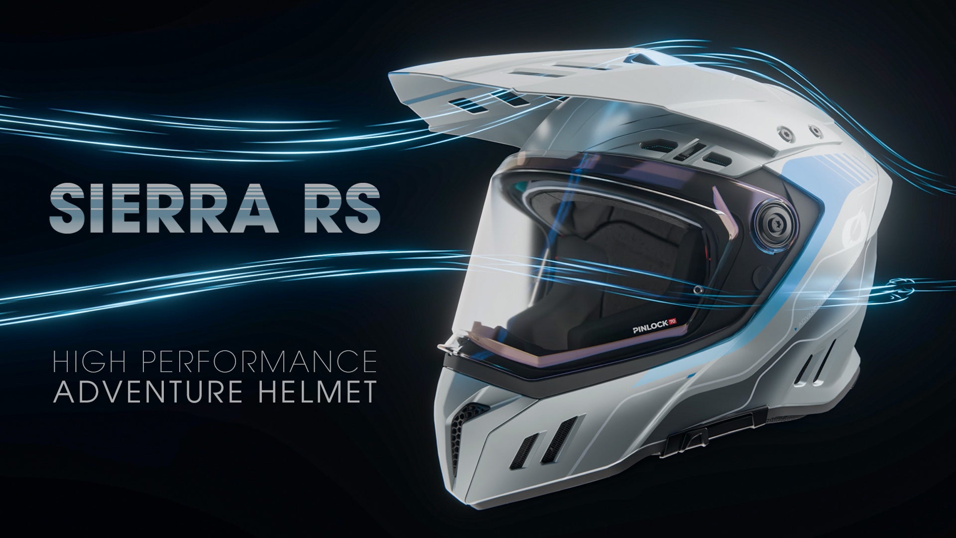 Abgebildet ist ein futuristischer weißer Motorradhelm mit klarem Visier und blauen Luftstromlinien, daneben der Text "SIERRA RS" und "HIGH PERFORMANCE ADVENTURE HELMET" auf dunklem Hintergrund.